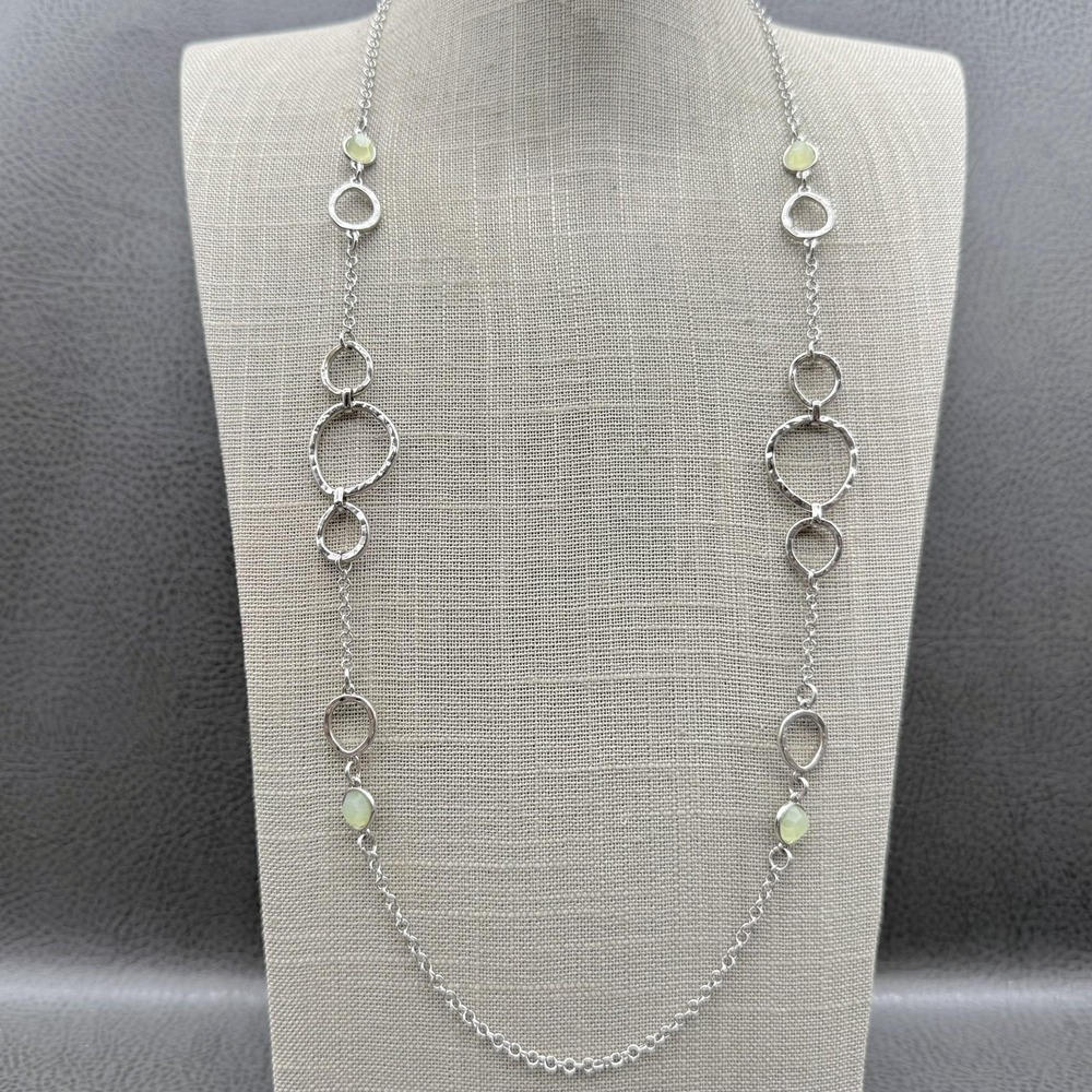 Banana Republic Necklace Silver Tone Hammered Circle‎ Link Green Bead 26 Inch